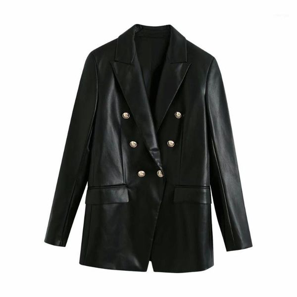 

2021 new women blazer faux leather long sleeves blazer back vent double-breasted pu jacket femme veste women coat1, White;black