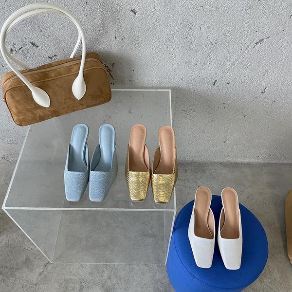 

slippers dxfan crocodile pattern square toe women mules shoes kitten heel outdoor elegant ladies gold, Black