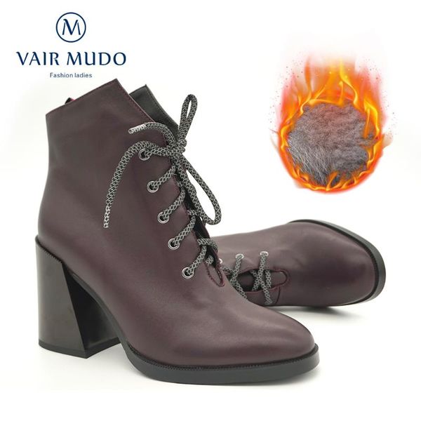 

boots vair mudo women ankle for lady thick heels factory sale purple short plush lace up basic stlye fashion dx74, Black
