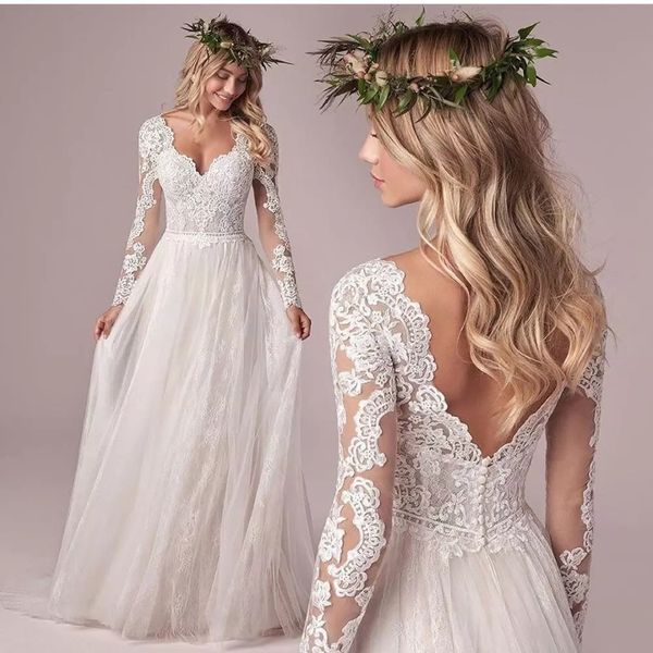 Vestidos de casamento de linha para mulheres grávidas Boho Beach mangas compridas Lace Appliqued vestidos nupciais sexy aberto Voltar V Pescoço Robes de Mariée Plus Size AL8029