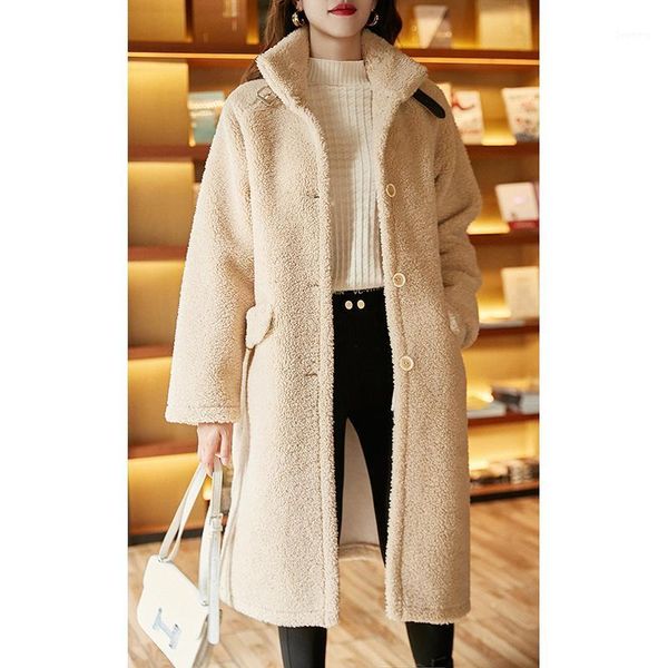 

fashion women's jacket 2020 winter new lamb fur coat high collar all-match loose mid-length over-the-knee cashmere coat1, Black