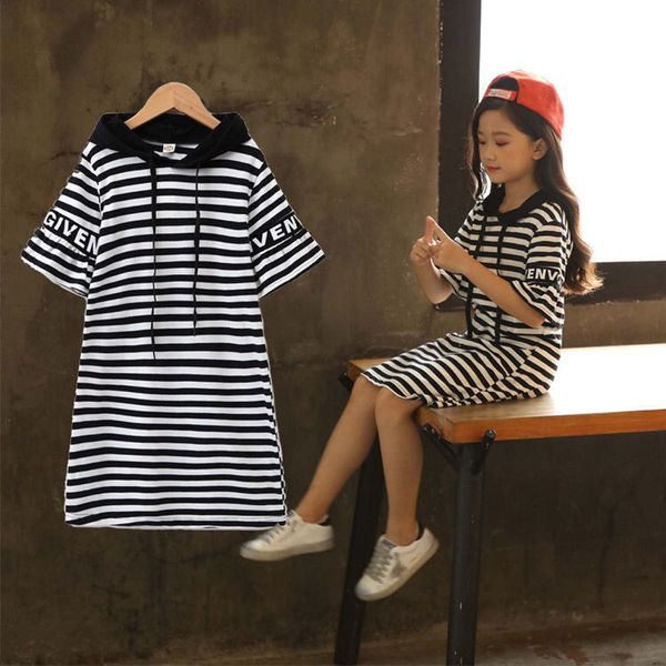 

children long t-shirts for girls summer clothing teenage striped short sleeve hoodie kids cotton girls clothes 6 8 10 12 y y200704, Blue