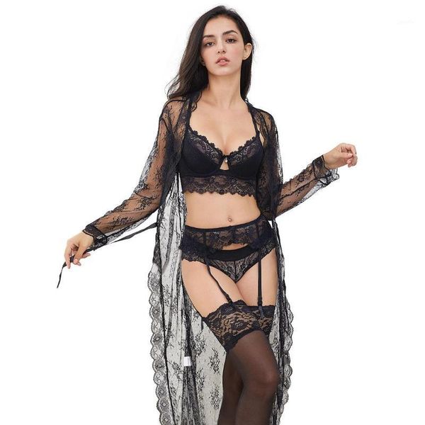 

cyhwr lace underwear set robe+bra+ panties+ stockings +y-line straps +thong 7 piece for lady1, Red;black