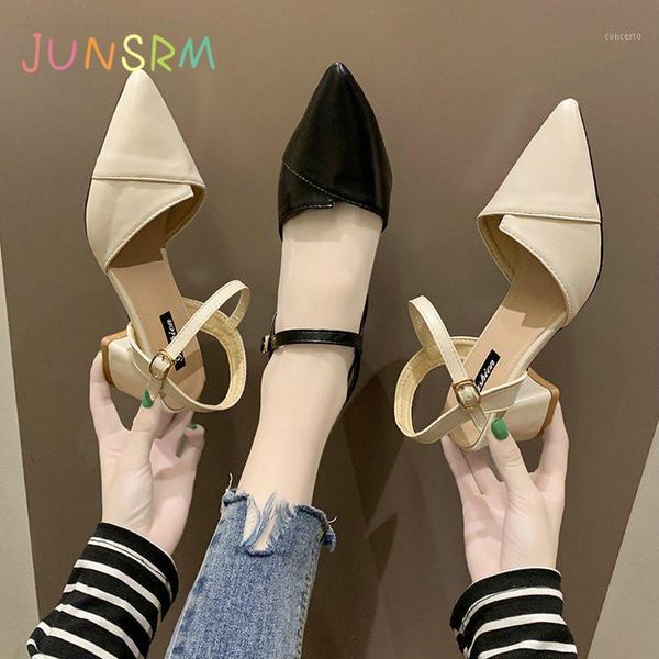 

junsrm sandals women's 2020 new women's shoes autumn korean sharp fashion sandals thick heel middle heel shoes1, Black