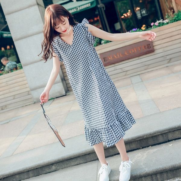 

jx1lm summer new v-neck mid-length dress dressskirt dressplaid dress korean s4ba style feifei sleeve waist slimming flounced skirt fashion w, Black;gray