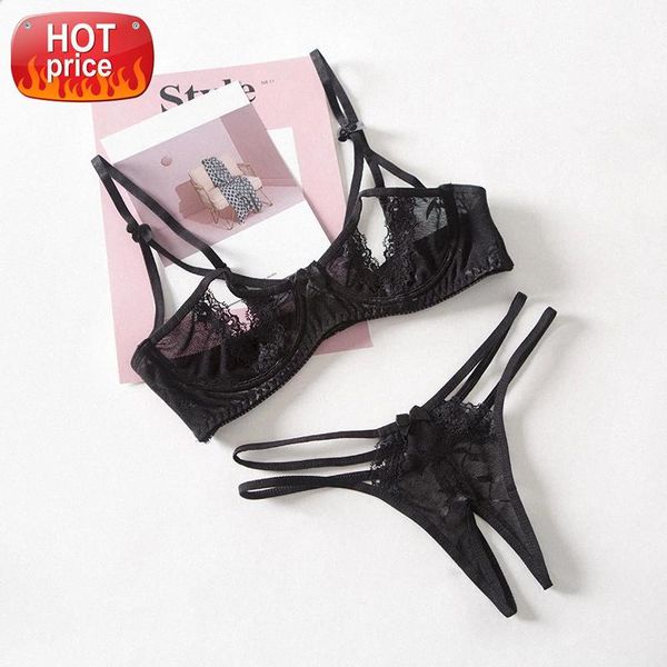 

Lingerie Open Chest Crotchless Panties Female Underwear Sexy Lace Embroidery Push Up Bra Panty Set See Through Sexy #iN24, Black;white