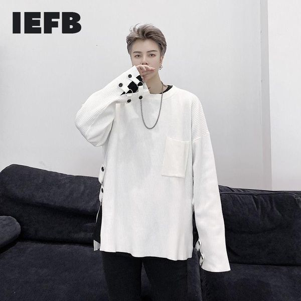 

iefb autumn winter 2020 oversized clothes side split metal button men's thick kintted sweater loose round collar 9y4450, White;black