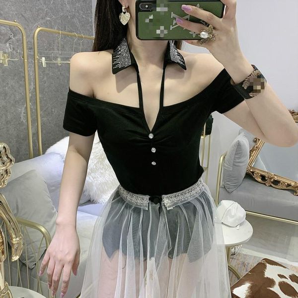 

summer turn-down collar diamonds short sleeve wrapped chest ladies t-shirt korean and kg-983, White