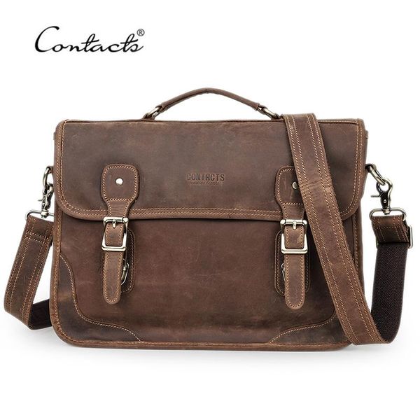 

contact's business men lapbag for 14 inch crazy horse leather briefcase male business shoulder messenger bags tote handbag