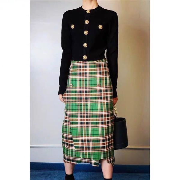 

2021ss spring fashion women knitted sweater cardigans + plaid green midi skirt 2 piece suits ladies casual sets ddxgz2, Gray