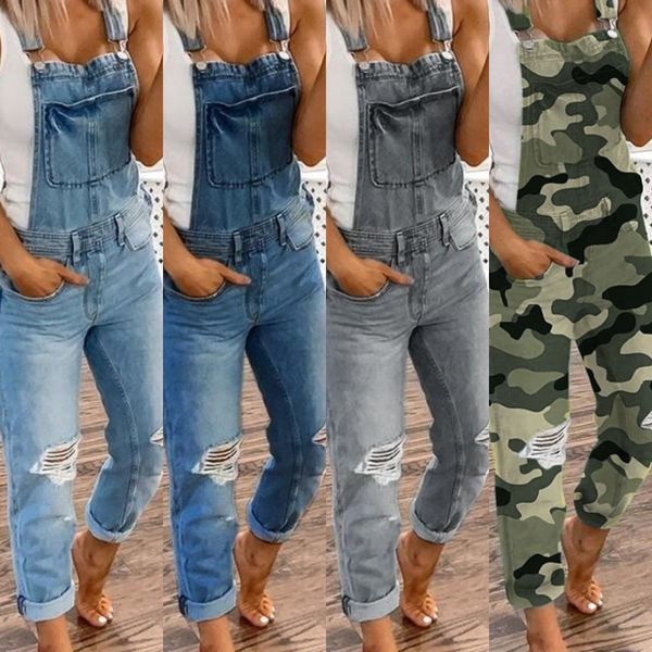 

women's fashion casual pants female sports bib strap jumpsuit ripped jeans for women chest pocket overalls ladies cotton oversized pant, Blue