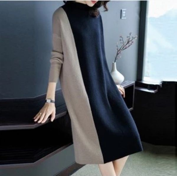 

winter 2020 new spring and autumn large fashion contrast color splicing sleeve loose straight tube knitted dress, Black;gray