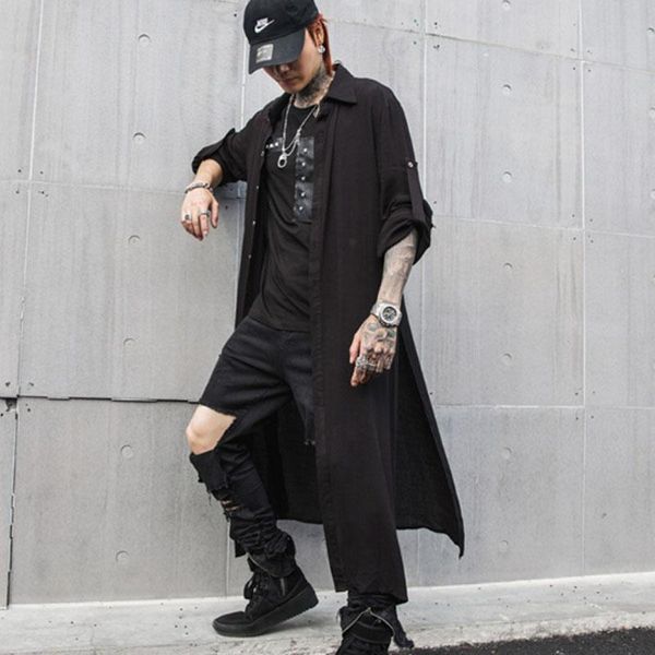 

homens casual camisa de manga longa masculina streetwear hip hop punk estilo longo camisa cardigan casaco protetor solar roupas, White;black