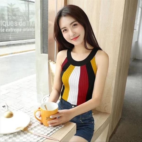

women knitting halter neck off shoulder vertical stripes tank girls knitted camisole sleeveless short t shirts for woman, White