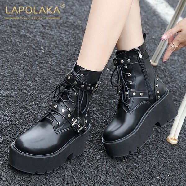 

2020 fashion square high heels winter belt buckles leisure woman shoes motorcycles cool street ankle boots female footwear, Black