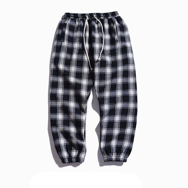 

men's pants plaid retro hip hop casual men drawstring sport male fashion steetwear loose vintage harem trousers japan style flat, Black