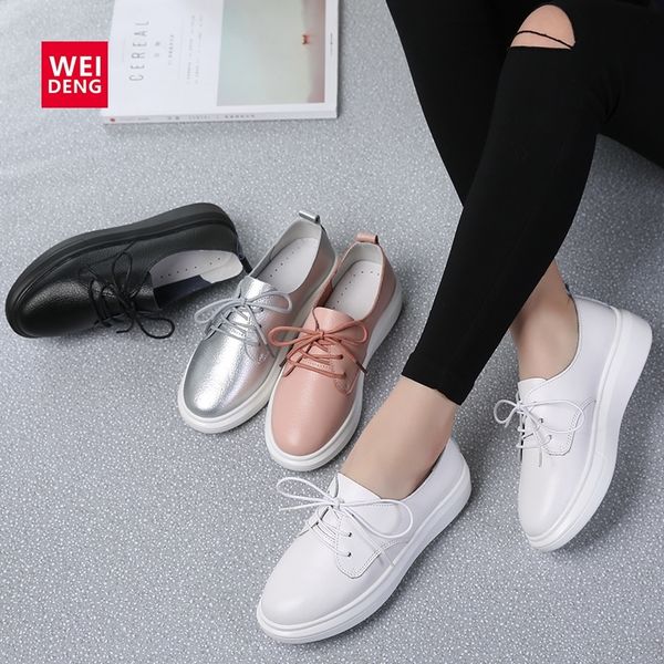 

weideng wedge platform genuine leather loafer casual flats shoes walking sneakers woman lace up fashion silver leisure 6cm sole 1020, Black;white
