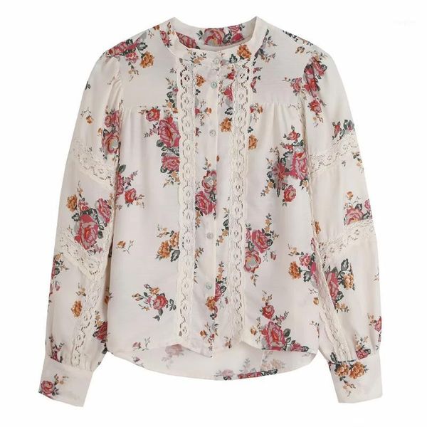 

women flower printing lace decoration shirts casual femme nine quarter sleeve blouse office lady loose smock blusas s78811, White