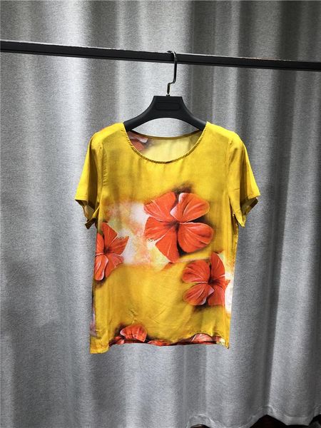 

women's blouses & shirts women round collar short sleeves floral print straight yellow silk 2021 summer blouse femme, White