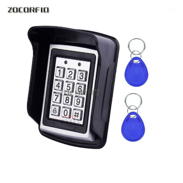 

rfid metal access control em card reader keypad with 5 em4100 keyfobs waterproof protecter cover for door access control system1