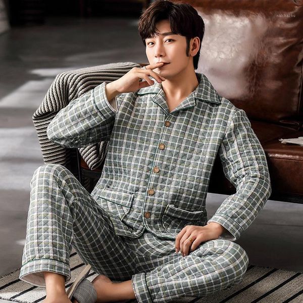 

air cotton men's pajamas new thick sandwich long-sleeved middle-aged father winter warm middle-aged and elderly suit dormir 1, Black;brown