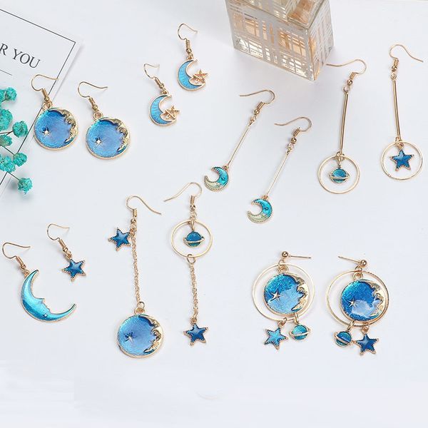 

2020 new fashion hoop earrings lovely simple blue / the moon / starry sky / long section asymmetric pendant for ladies gift, Golden