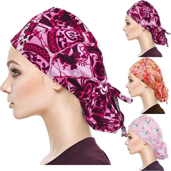 

stingy brim hats for women hat scrub cap cotton printed buttons sweatband bandage gourd caps accessories gorro enfermera n*, Blue;gray