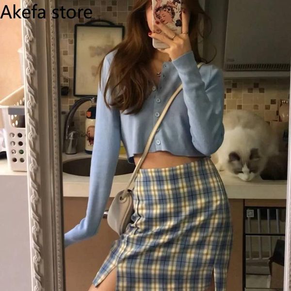 

plaid skirts womens 2021 new spring summer high waist high split females korean a-line school mini skirt sweet lovely chic lady, Black
