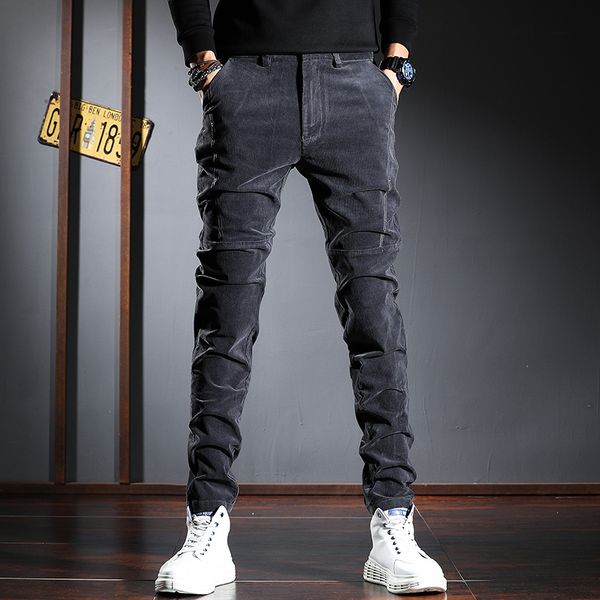 

2021 new korean style fashion men jeans elastic slim fit casual corduroy pencil pants classical vintage designer leisure smart trousers 8zz0, Blue