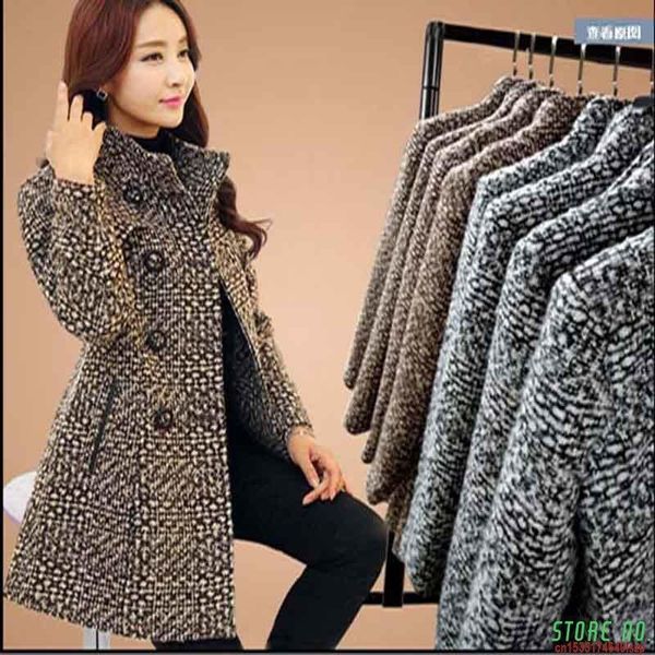 

2021 autumn winter women jacket wool coat plaid woolen coat female middle long mother1, Black