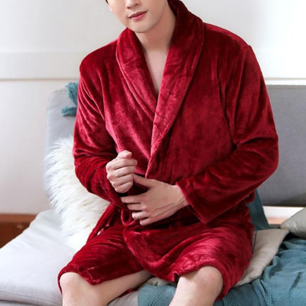 

men casual wine red kimono bathrobe autumn winter flannel long robe thicken warm soft sleepwear nightgown male casual home wear, Black;brown