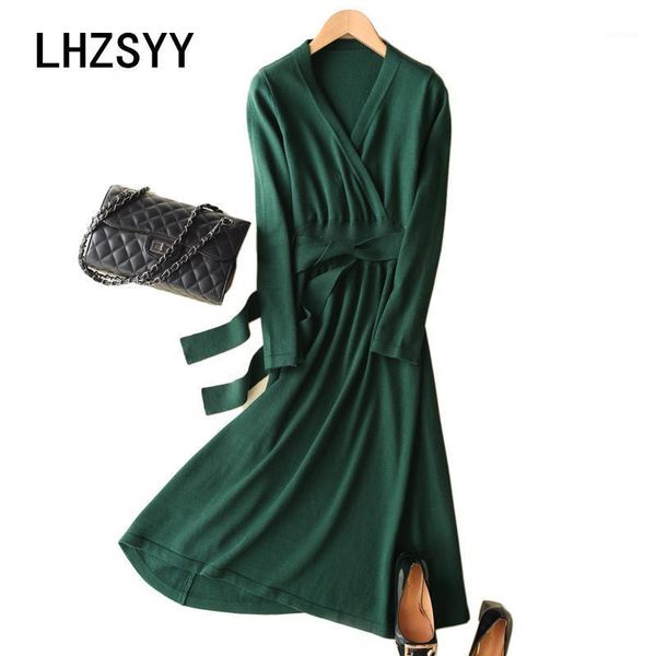

lhzsyy autumn winter new women's cashmere dress fashion v-neck solid color soft wool knit long skirt loose lacing sweater female1, White;black