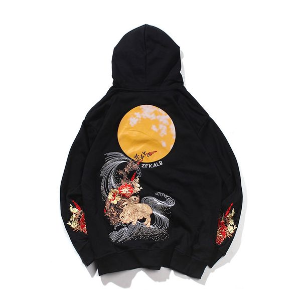 

embroidery animal flowers rabbits print hooded sweatshirts harajuku fashion pullover hoodies hip hop casual streetwear kg-276, Black