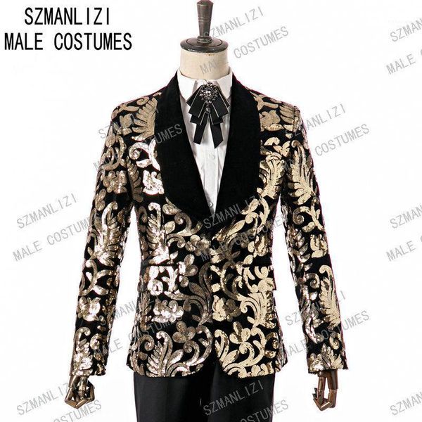 

szmanlizi 2020 elegant men suit costume blazer gold sequin two pieces black velvet lapel slim fit wedding party groom tuxedo1, White;black