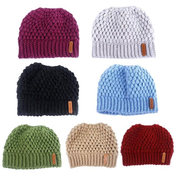 

beanie/skull caps women chunky crochet knit stretch beanie hat messy bun holey skull cap x7ya, Blue;gray