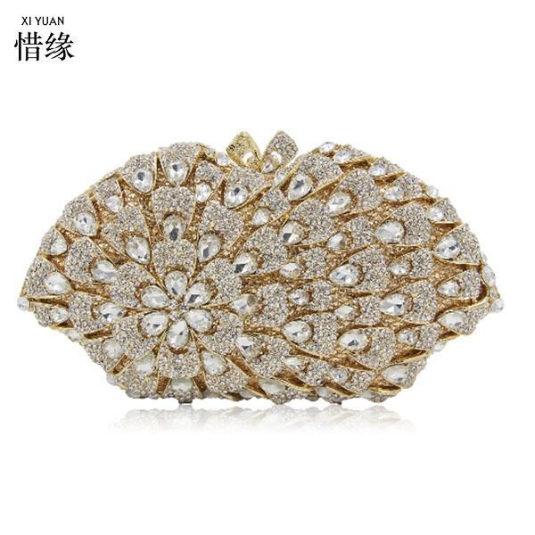

big gold diamond stone handbag luxury women cocktail evening bags designer crystal clutches wedding with chain lady party purse