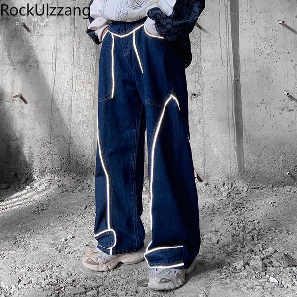 

men's jeans patchwork reflective striped japanese streetwear men tracksuit fashion denim loose pant hip hop straight casual baggy plus, Blue