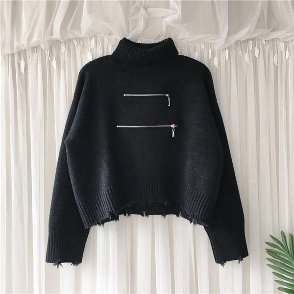 

[ewq] 2020 autumn new ladies lazy zipper high neck pullover sweater loose outer wear thick edge sweater women 16q362, White;black