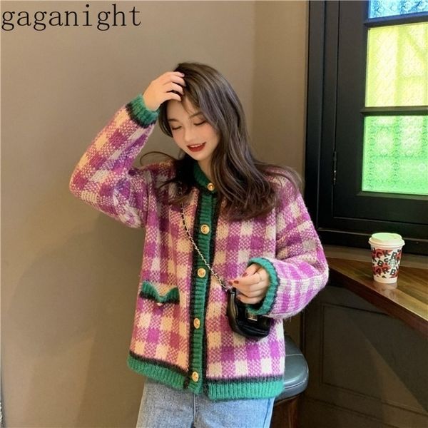 

gaganight vintage pink plaid women knitted cardigan long sleeve o neck spring autumn casual loose kardigan chic sweater female y200720, White;black