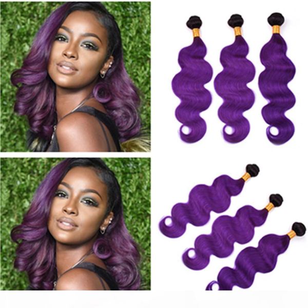 

#1b purple ombre body wave brazilian human hair bundles 3pcs double wefts ombre purple human hair weave extensions black roots 10-30