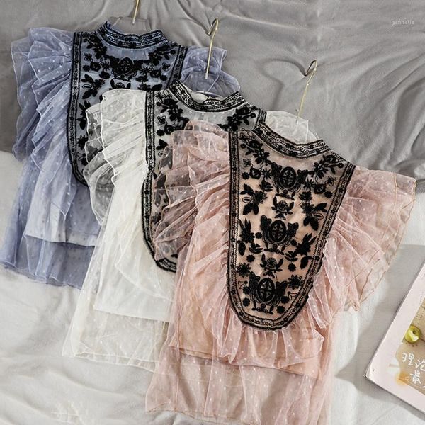 

retro elegant stand collar flying sleeves lace shirt + solid color two-piece sling 2020 summer new 00101, White