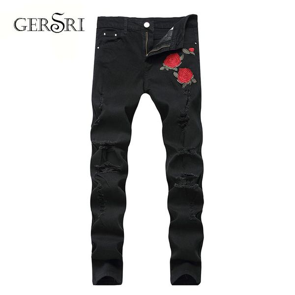 

gersri fashion ripped jeans men patchwork flower printed knee hole pants man cowboys demin pants male dropshipping, Blue