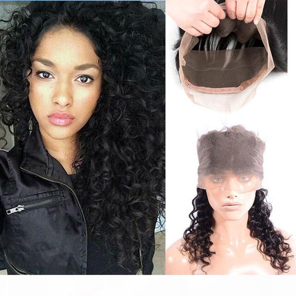 

malaysian unprocessed human hair deep wave curly 360 lace frontal with baby hair 360 frontal adjustable band closures, Black;brown