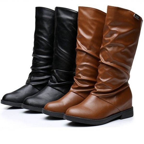 

boots spring autumn soft pu leather lady party shoes women winter slip on knees high flat female footwear casual snow boot, Black