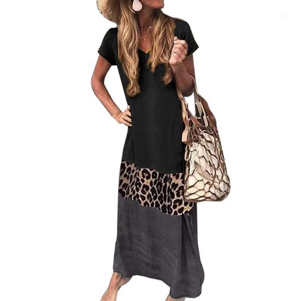

vintage leopard long dress plus size loose beach summer dress fashion casual women women short sleeve1, Black;gray
