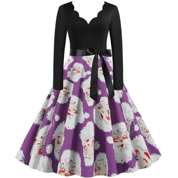 

winter new arrival ladies european and american v-neck long-sleeved bow belt christmas cartoon printing dress party skirt size s-xxxl, Black;gray