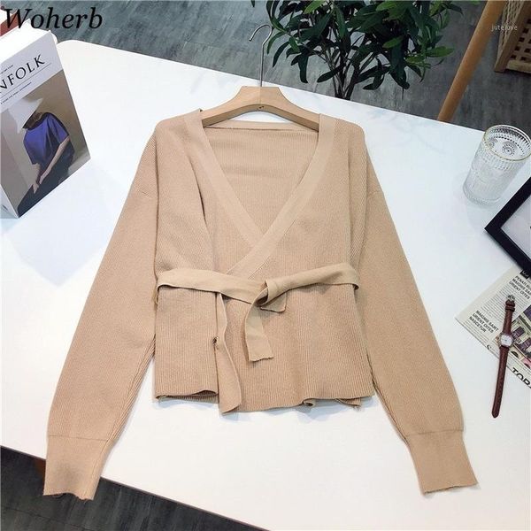 

woherb 2020 vintage knitted cardigan cardigan fall clothes coat v-neck lace up sweaters for women temperament sueter mujer 4f7031, White