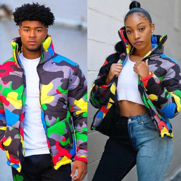 

camo print winter jacket women festival warm parka down bubble coat thick couple wear crop puffer 4xl kg-250, Black
