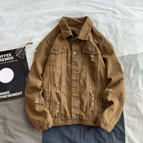 

autumn new yellow denim jacket handsome couple coat fashion street style brokean hole jacket size s-3xl, Black;brown