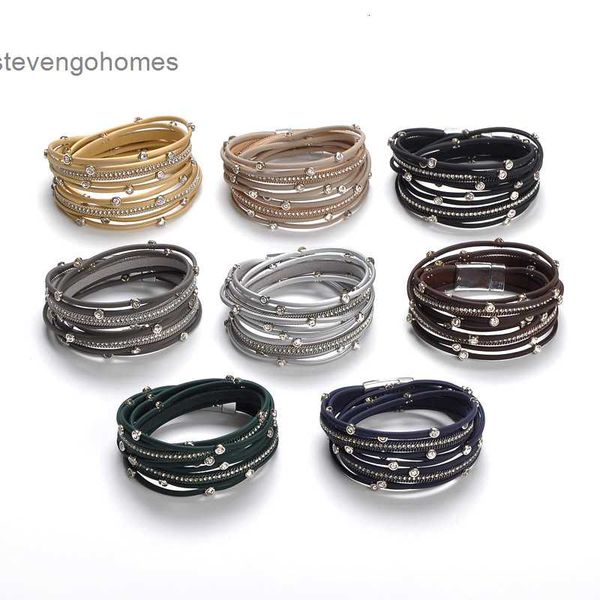 

with magnet buckle and diamond inlaid leather pv multi-layer bracelet, Silver